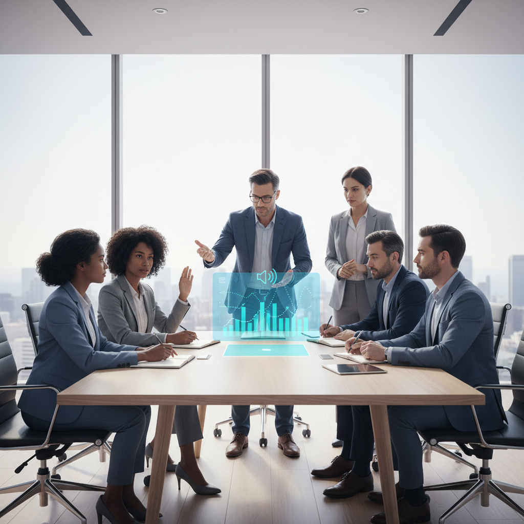Um grupo diversificado de gestores de RH e líderes de equipe em uma sala de reunião moderna, ouvindo uma apresentação de métricas de desempenho de RH. Eles estão engajados na interpretação ativa dos dados sonificados.