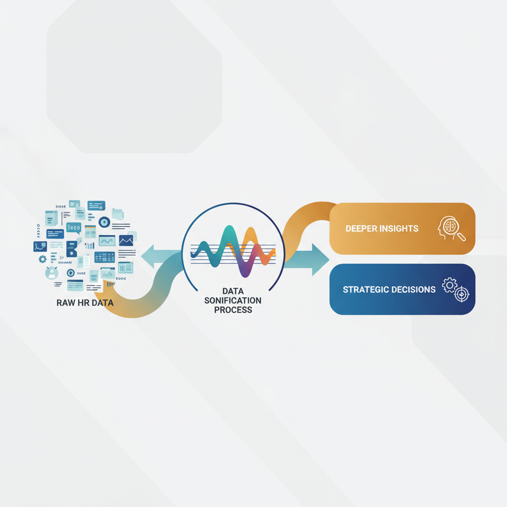 Um infográfico dinâmico e visualmente atraente que ilustra o processo de sonificação de dados no RH. A imagem mostra como os dados brutos de RH se transformam em ondas sonoras, culminando em 'insights mais profundos' e 'decisões estratégicas'.