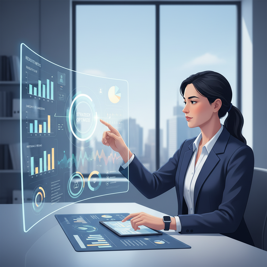 Um profissional de RH interage com uma plataforma de RH avançada e integrada, tomando uma decisão estratégica com base em informações completas. A tela exibe dashboards tradicionais e indicadores sutis de dados sonificados.