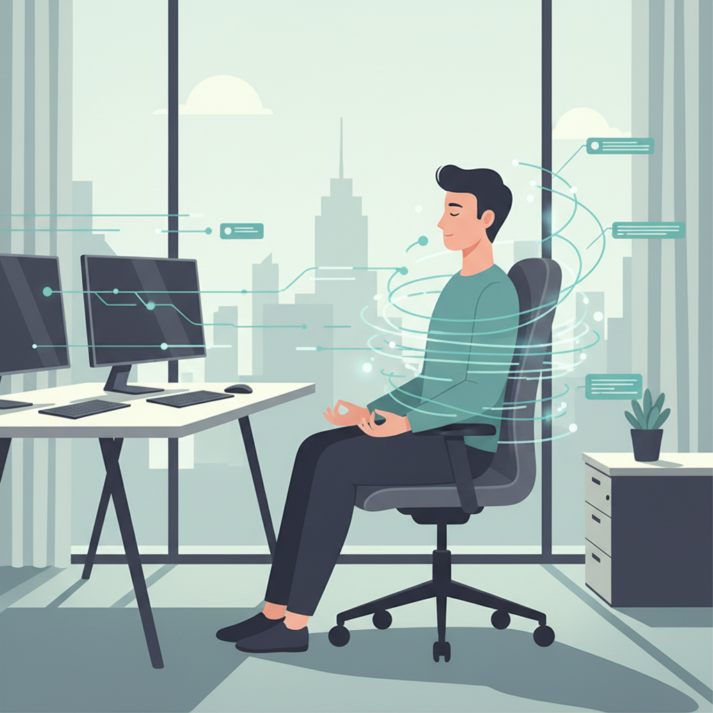 Uma pessoa fazendo uma breve pausa para meditar, ilustrando um micromomento de bem-estar em um ambiente de trabalho produtivo e conectado.