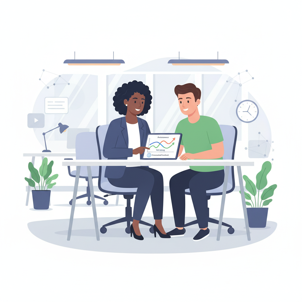 Líder de RH fornecendo feedback personalizado e estratégico, utilizando dados objetivos e considerando as necessidades individuais do colaborador.