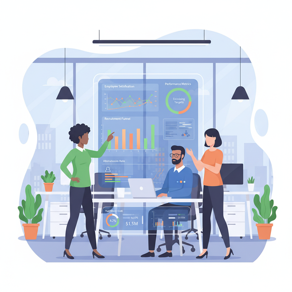 Equipe de RH analisando dados em um painel digital, com gráficos e indicadores de desempenho.