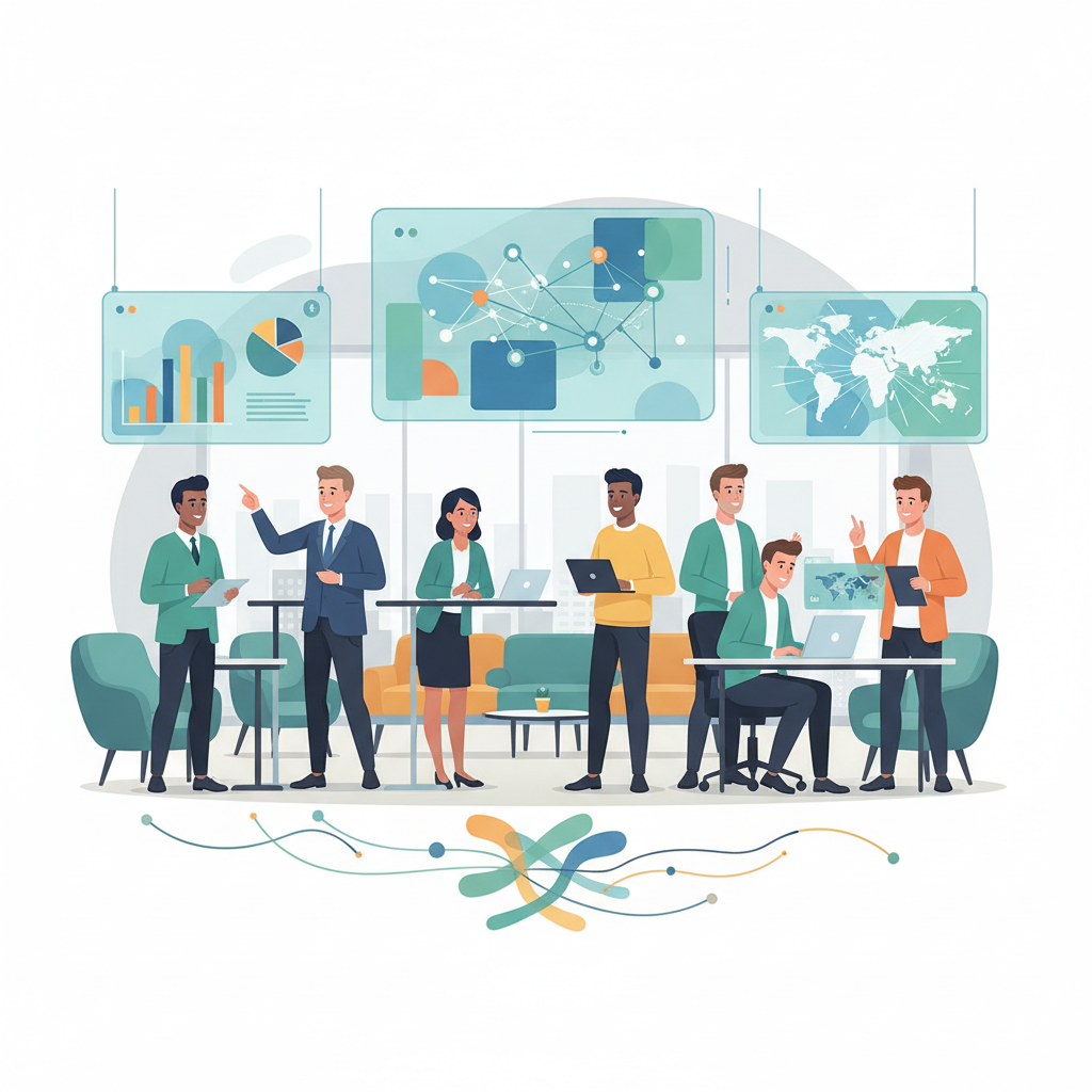 Equipes diversas colaboram em um ambiente de trabalho flexível, cocriando soluções e fortalecendo a resiliência organizacional.