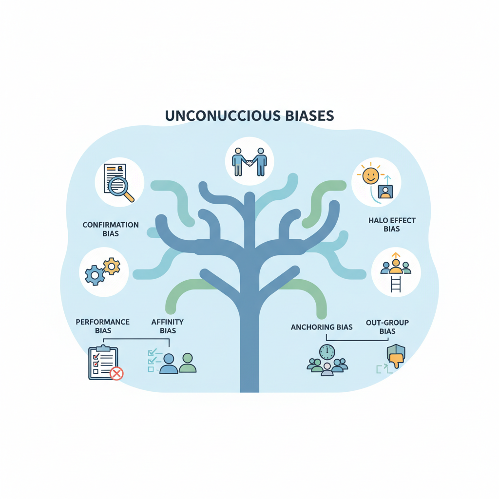 Representação visual de diversos tipos de vieses inconscientes em um ambiente corporativo, ilustrando como cada um pode influenciar decisões e processos de RH.
