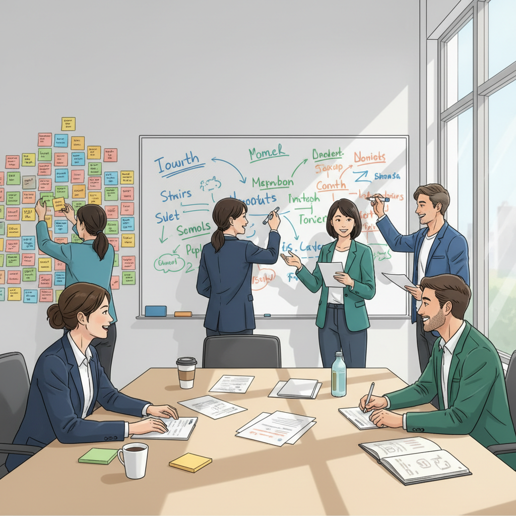 Equipes diversas em sessões de brainstorming, gerando um ambiente de alta inovação e soluções criativas.