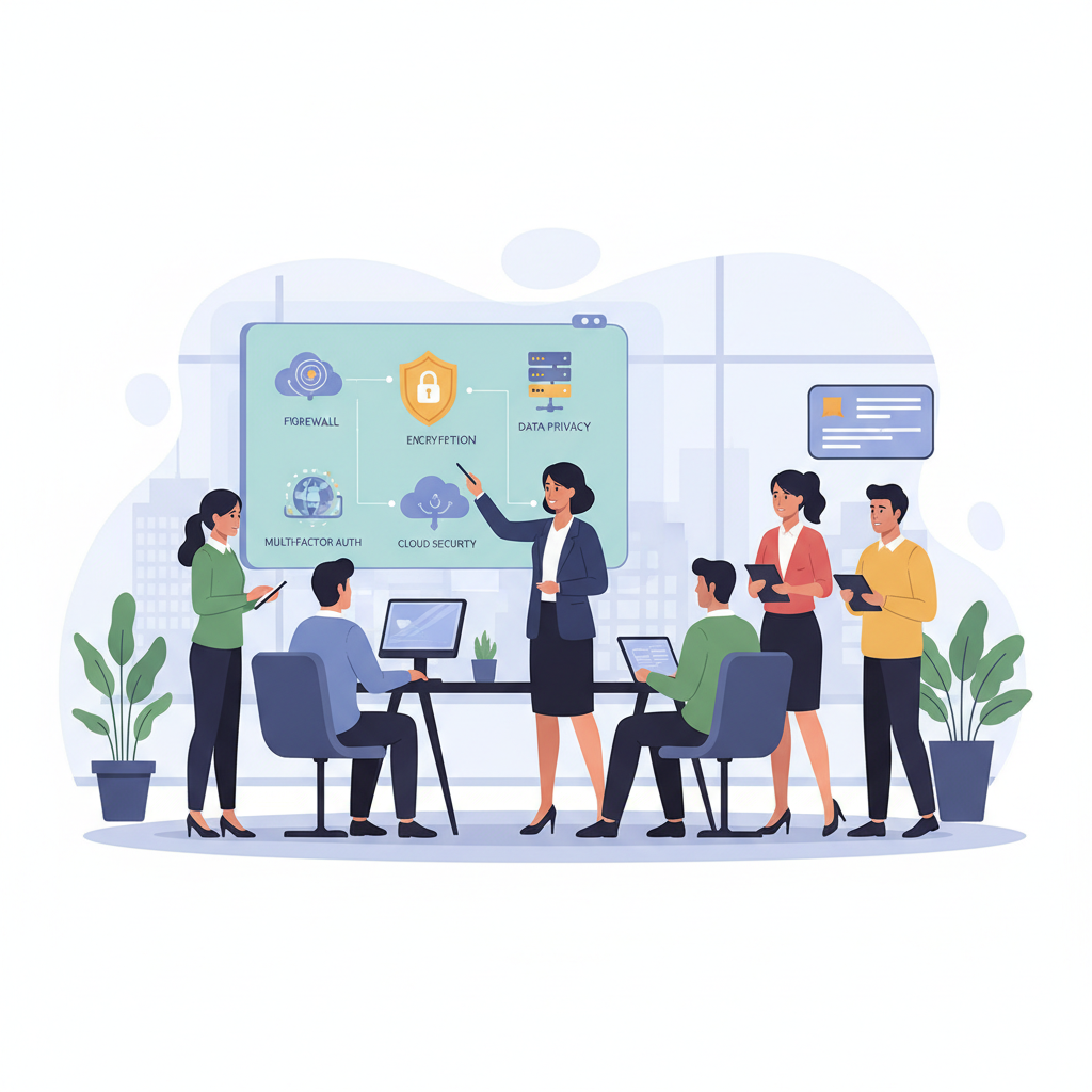 Colaboradores engajados em um treinamento interativo sobre cybersegurança, reforçando a importância da educação contínua na proteção de dados.