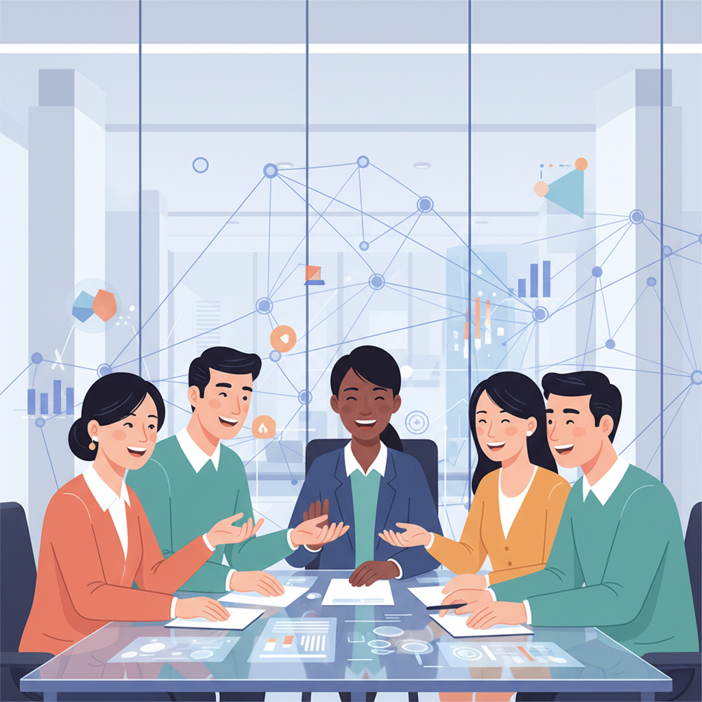 Colaboradores engajados e conectados, simbolizando a interação de fatores na construção de uma cultura motivacional impulsionada por dados.