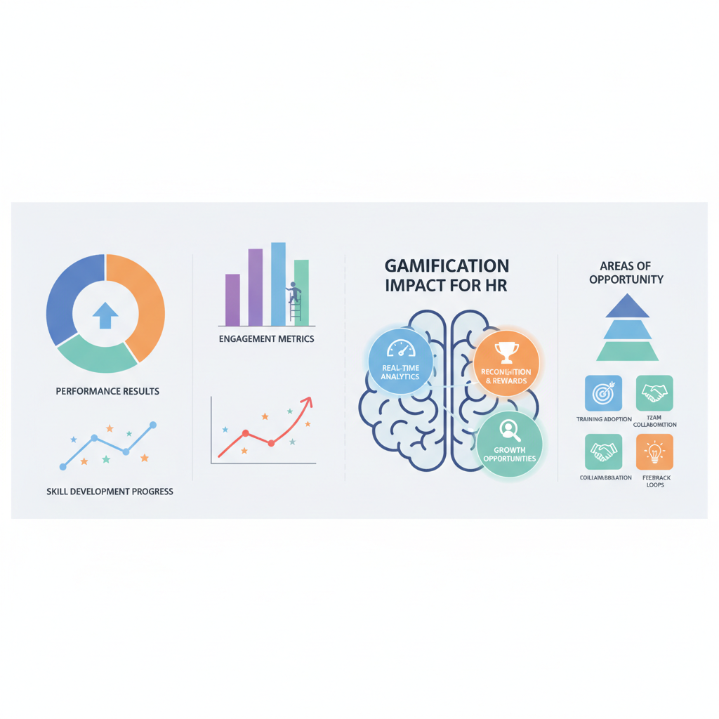 Visualização de dados e métricas de desempenho da gamificação, mostrando resultados e áreas de oportunidade para o RH.