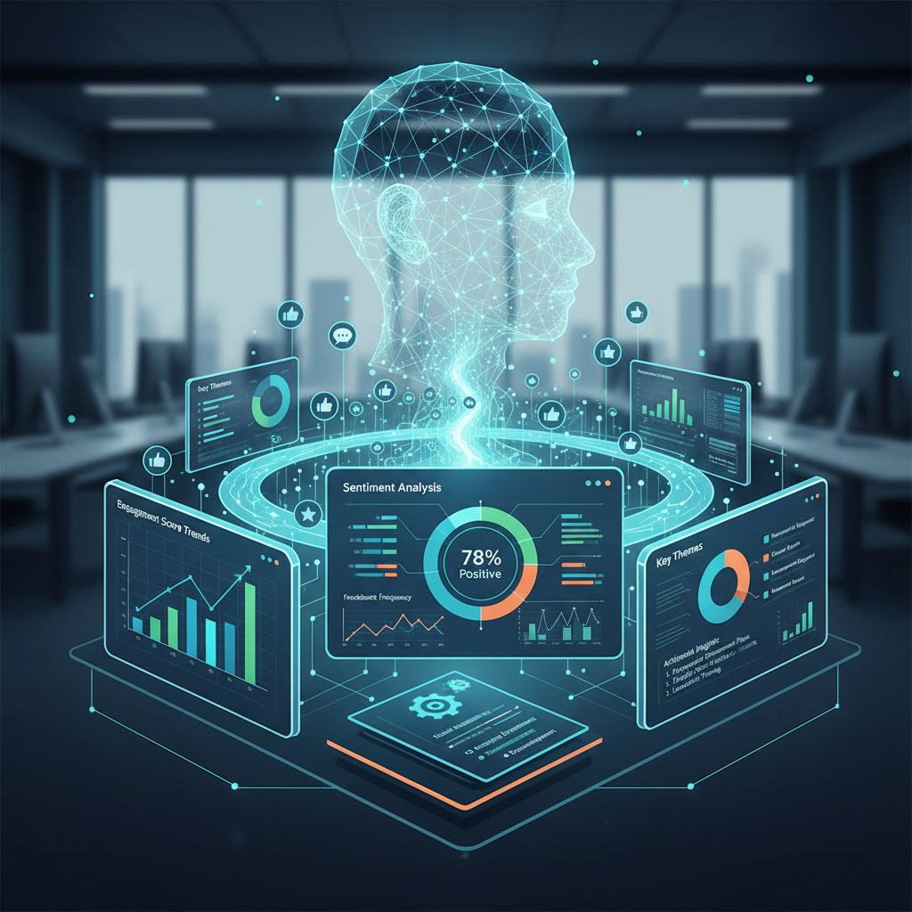 Representação visual de dados e análises sobre feedback, com gráficos e painéis eletrônicos, evidenciando como a Nanossincronia pode gerar insights valiosos para o RH estratégico.