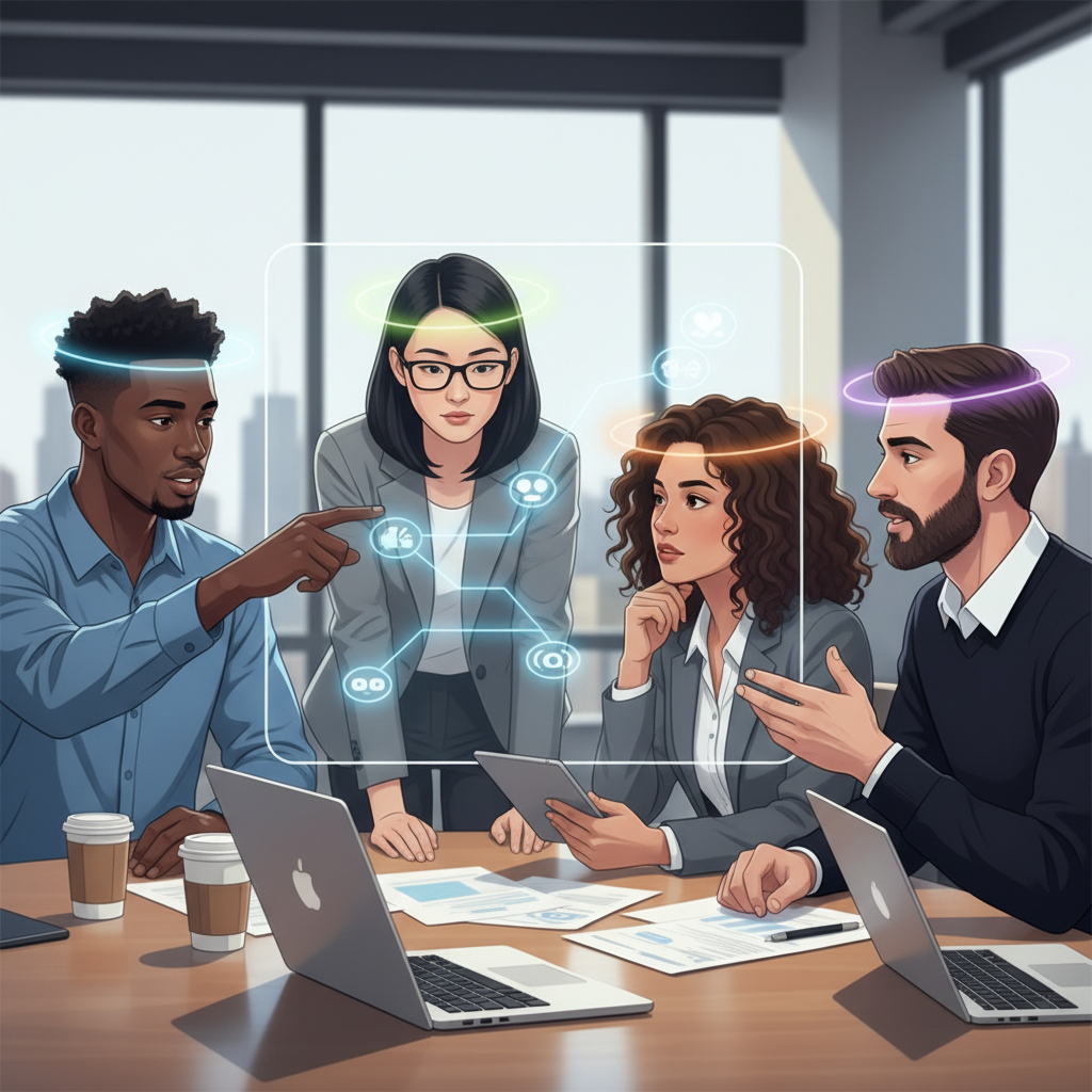 Colaboradores diversos em um ambiente profissional, com sutis luzes simbolizando a atividade neural em suas mentes, colaborando ativamente em torno de uma mesa, ilustrando a sincronização de mentes em um propósito comum.