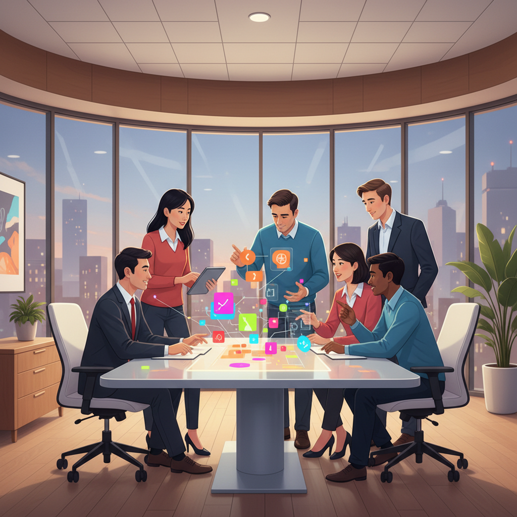 Equipe diversa colaborando em um ambiente de escritório moderno, simbolizando a troca de ideias e a interconexão de mentalidades para a inovação.