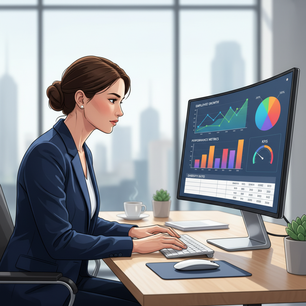 Profissional de RH analisando dados de performance em um computador, com gráficos e indicadores na tela.