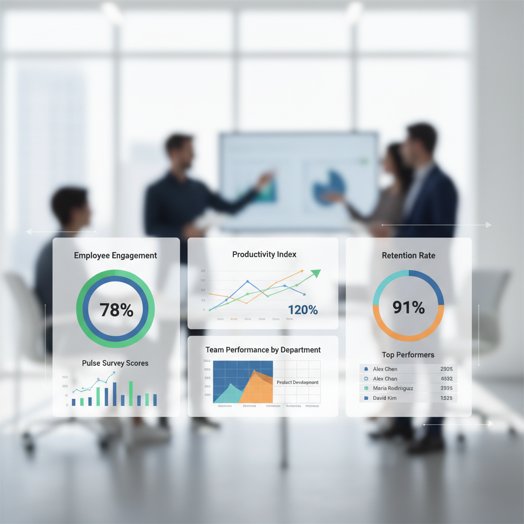 Um painel de BI com gráficos e dados, com foco em métricas de RH como engajamento e produtividade, e pessoas interagindo ao fundo, simbolizando a gestão de pessoas orientada a dados.