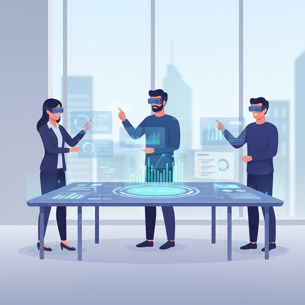 Profissionais de RH colaborando em um ambiente digital interativo, com telas e gráficos mostrando dados de engajamento e performance.