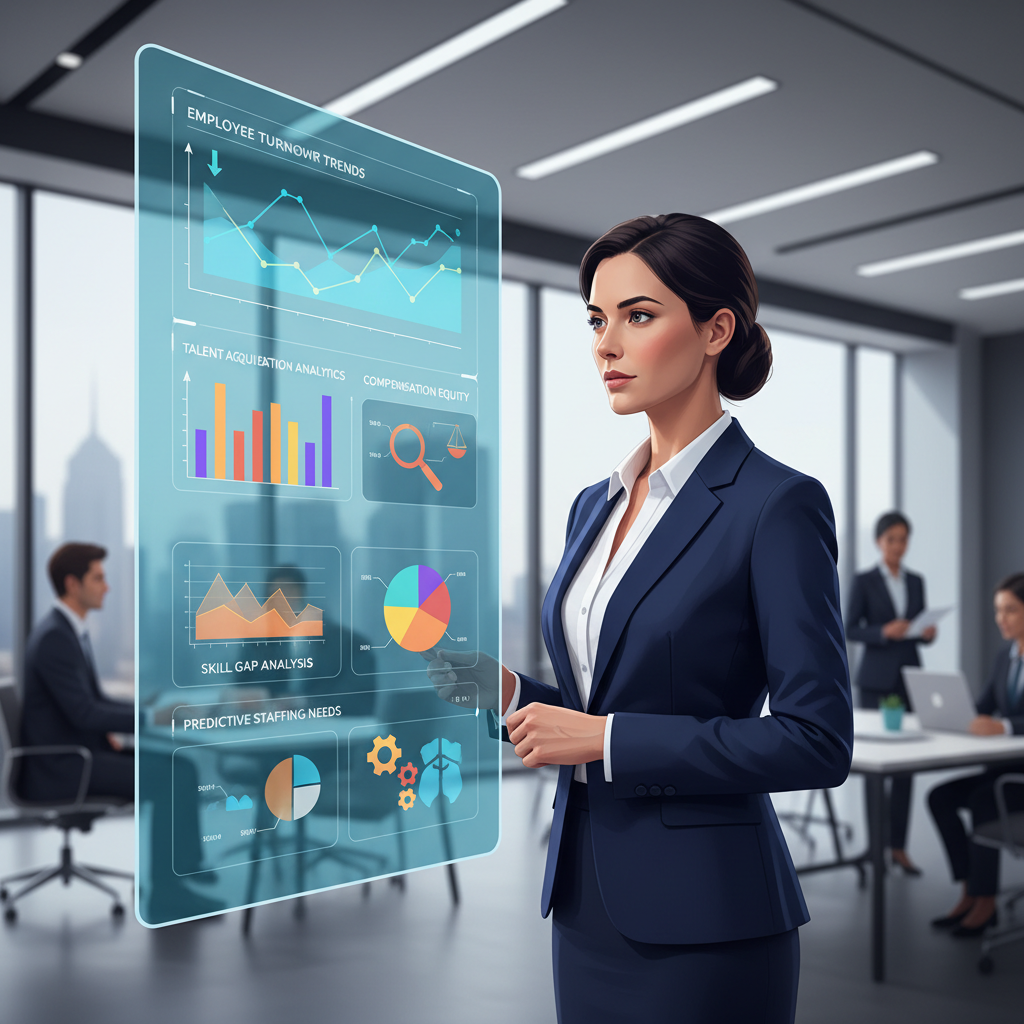 Um profissional de RH estratégico utilizando painéis de dados para tomar decisões informadas e proativas, demonstrando a importância do People Analytics.