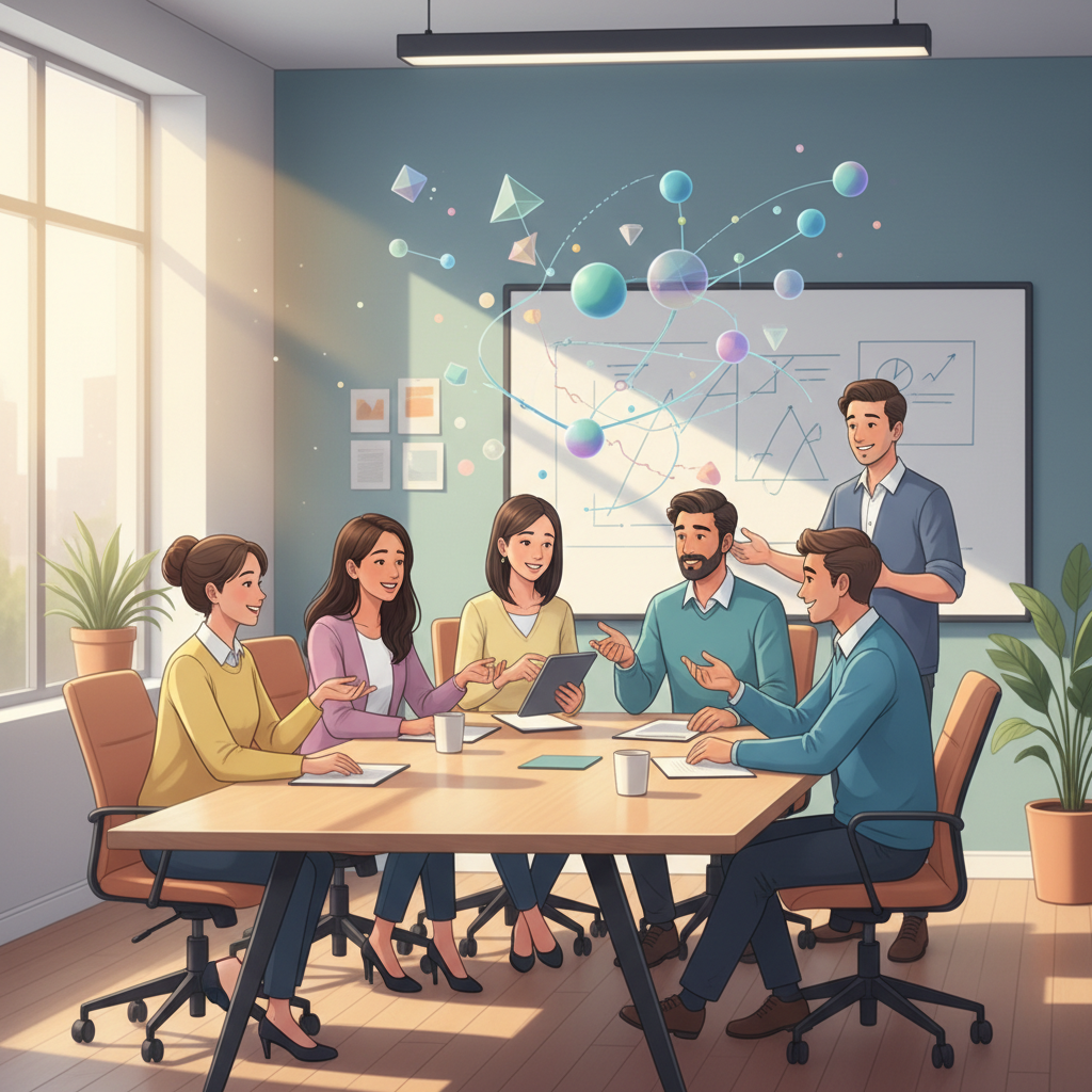 Um grupo diversificado de profissionais colaborando ativamente em torno de uma mesa, com elementos que sugerem ideias compartilhadas, confiança e segurança psicológica.