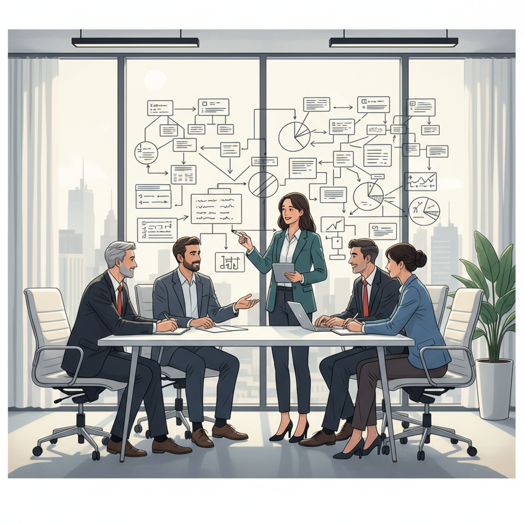 Profissionais de RH e líderes discutem estratégias, utilizando um painel de visualização para mapear fluxos e processos, evidenciando a reflexão coletiva sobre o