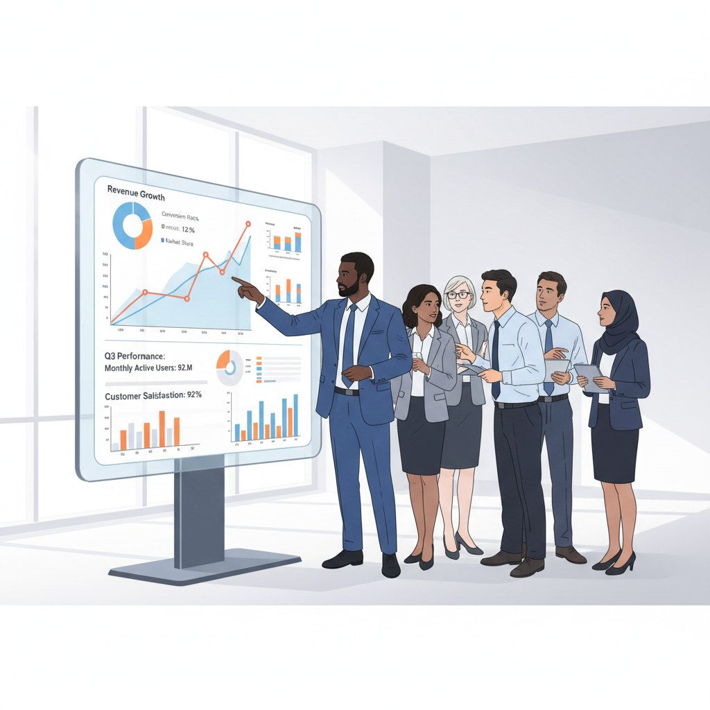 Equipe analisando um painel de dados, que reflete o impacto da metacognição coletiva na tomada de decisões estratégicas e na otimização de desempenho.