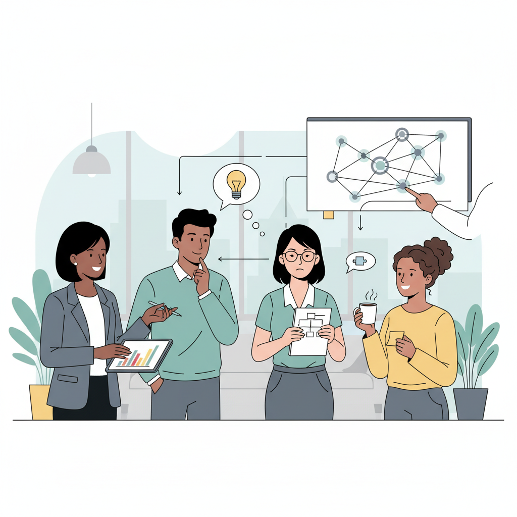Um grupo diversificado de profissionais em um escritório moderno, profundamente envolvidos em conversas e colaboração, com sutis pistas visuais indicando várias microinterações.