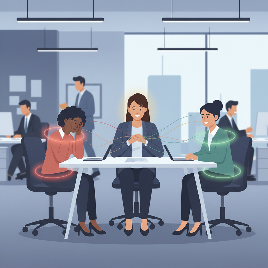 Profissional de RH interagindo com colaboradores, simbolizando o gerenciamento das emoções e bem-estar no ambiente de trabalho.